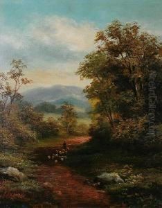 Figure And Sheep In A Country Land by R. Marshall