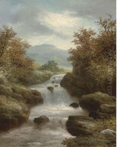 A Waterfall In A Mountainous Landscape by R. Marshall