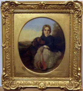 Flickportratt Med Hund. , Oval. by Thomas Falcon Marshall