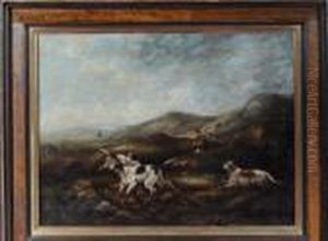 A Sportsman And Three Gun Dogs On A Moor by William Elsob Marshall