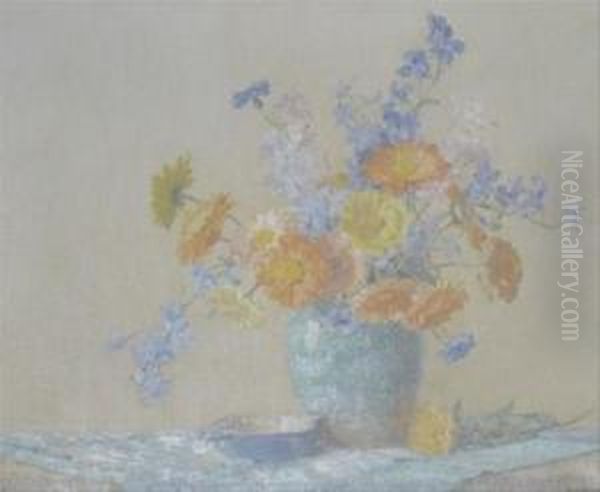 Still Life Of Flowers In A Green Vase - view 1