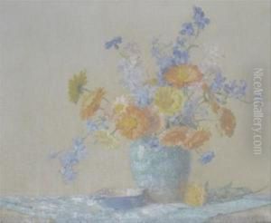 Still Life Of Flowers In A Green Vase