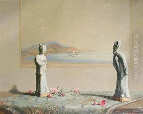 Oriental Figurines On A Table With Painting Behind - view 1