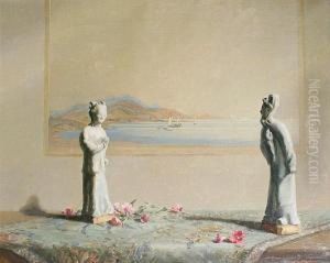 Oriental Figurines On A Table With Painting Behind by Freda, Nee Clulow Marston