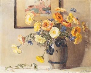 Still Life Of Marigolds In A Delft Vase