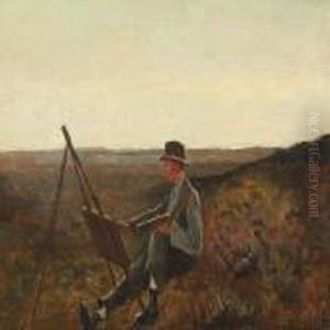 Portrait Of The Artist Erik Raadal By His Easel by Alfred Martens