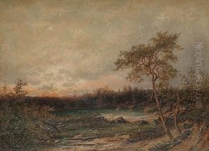A River Landscape At Dusk by Theodor Martens