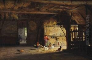 A Barn Interior With A Little Girl Feeding The Chickens by Willy Martens