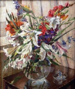 Still Life Of Flowers In A Glass Vase With Lilies by Adele Martin