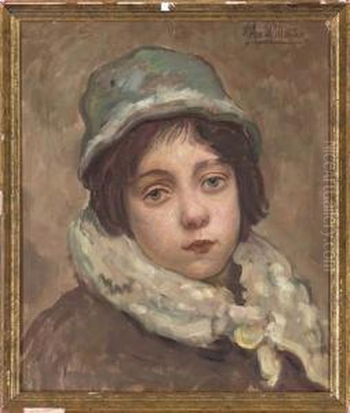 Portrait Of A Young Girl, Bust-length, In A Brown Jacket With Fur Collar And A Blue Hat - view 1