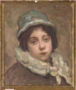 Portrait Of A Young Girl, Bust-length, In A Brown Jacket With Fur Collar And A Blue Hat