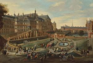 A View Of The Royal Court At Brussels With Figures Conversing In The Palace Garden