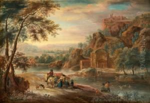 Italiserande Landskap Med Figurer Och Byggnader Italiserande Landskap Med Figurer Och Byggnader