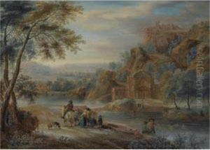 A Mountainous River Landscape With Figures Conversing On A Path, Near A Classical Building A Mountainous River Landscape With Figures Conversing On A Path, Near A Classical Building