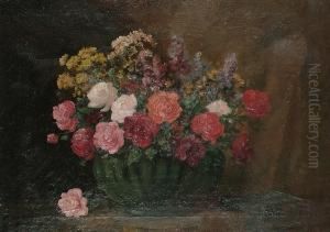 Still Life Of Flowers In A Green Vase. by Camille Martin