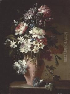 Daffodils, Carnations, Peonies, And Other Flowers In A Terracottaurn, On A Stone Ledge thumbnail