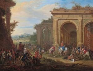 Soldiers Dividing The Spoils Of War By Classical Ruins by Jean-Baptiste Martin