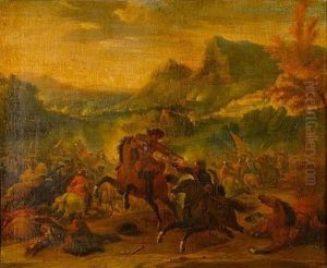 A Cavalry Battle In An Extensive Landscape;and A Wounded Soldier Being Treated Beneath A Tree