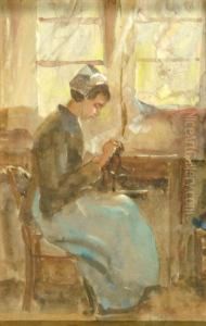 A Pair - Interior Scenes With Women Sewing by Ethel H. Martin