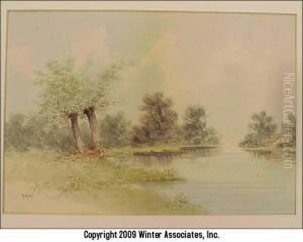 River Scene With Trees And Cottage - view 1