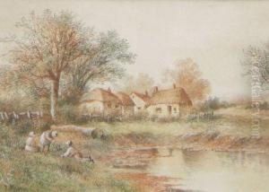 Country Scene With Figures And Cottages by Sylvester Martin