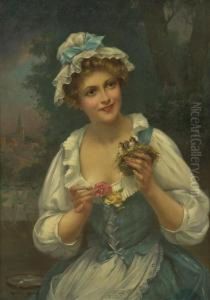 Portrait Of A Lady With Flowers And Birds