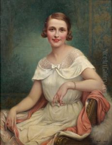 Portrait De Femme En Robe Blanche by Francois Martin-Kavel
