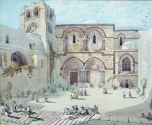 Gezicht Op Het Plein Voor De Heilige Graf Kerk Te Jeruzalem; 
 Op De Voorgrond Arabische Tapijtverkopers