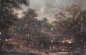 A Nocturnal Arcadian Landscape With Figures Feasting By Torchlight