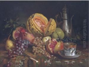 A Melon, Pomengranate, Grapes And Apples With A Ewer And A Teacupon A Table by Angelo Martinetti