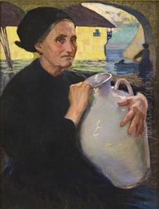 Veduta Con Anziana Signora Che Attinge Acqua