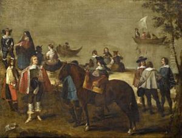 Elegant Figures Gathered On The River Bank Before Zaragozza - view 1