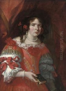 Portrait Of A Lady, Three-quarter-length, In A Red And Goldembroidered Dress With Red Bows And Lace Trimmings, Red Bows In Herhair, A Bible In Her Right Hand