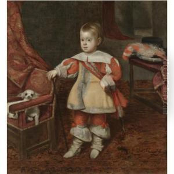 Portrait Of Principe Don Felipe Prospero (1657-1661), Son Of Philip Iv Of Spain, Standing In An Interior, His Right Hand Resting On The Back Of A Chair On Which Sits A Pet Dog - view 1