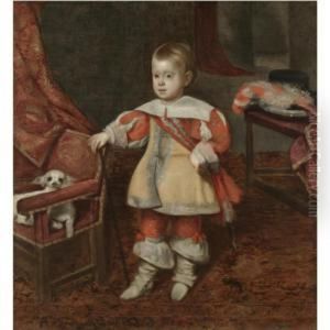 Portrait Of Principe Don Felipe Prospero (1657-1661), Son Of Philip Iv Of Spain, Standing In An Interior, His Right Hand Resting On The Back Of A Chair On Which Sits A Pet Dog by Juan Bautista Martinez del Mazo