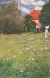 Sommerwiese Mit Junger Frau Und Haus by Johannes Martini