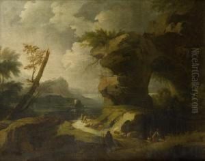 Travellers On A Path Before A Rocky Mediterranean Landscape