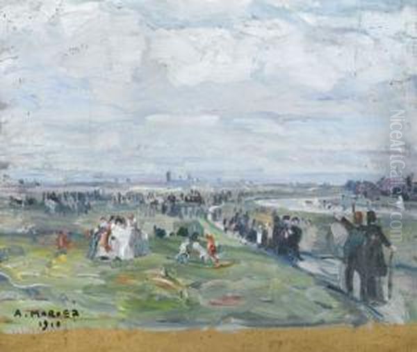 Flusslandschaft Mit Spaziergangern Im Fruhling - view 1