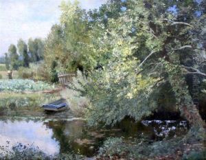 Landscape With Figure And Trees Overhanging A Stream by Numa Marzocchi de Belluci