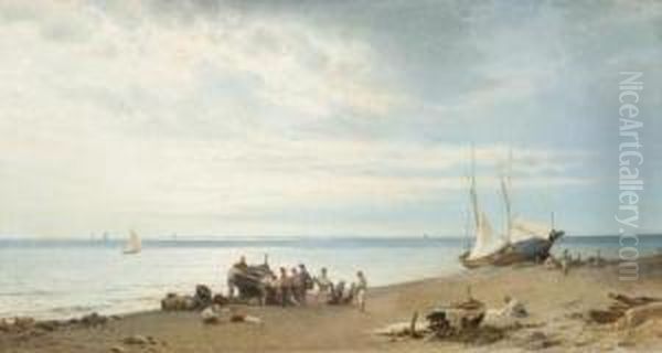 Pecheurs Napolitains Relevant Leurs Filets Sur Un Rivage - view 1