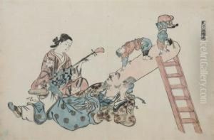 Jurojin And Musician by Okumura Masanobu