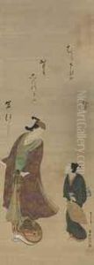 Actor And Assistant With Haiku Poem by Okumura Masanobu