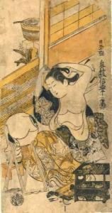 Courtisane Assise Devant Un Miroir Faisant Sa Toilette, Son Kimono Ouvert Laissant Decouvrir Sa Poitrine.
