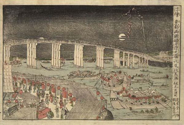 Uki-e Edo Ryogokubashi Yusuzumi No Zu (perspective View Of The Evening Cool At Ryogoku Bridge In The Eastern Capital) - view 1
