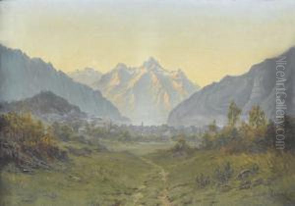Gebirgstal Mit Ortschaft Bei Sonnenaufgang - view 1