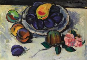 Still Life With Plums And Pink Flower