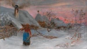 Reisigsammlerin In Einem Tiefverschneiten Dorf by Nikola Masic
