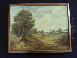 Mother And Child On A Country Path With A Cottage And Windmill by Christopher Mark Maskell