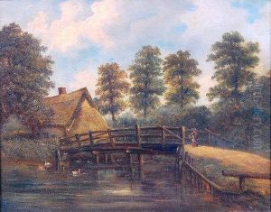 East Anglian Landscape With Figure, Bridge And Thatched Cottage