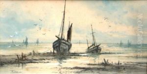 "beach Scene With Sailing Boats On The Shore
Ground And Other Boats Out At Sea In Distance" by George Finch Mason